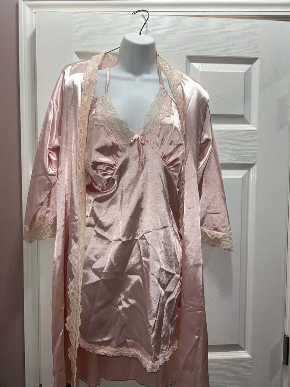 Blush Satin Lace-Trim Chemise & Robe Set